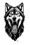 wolf showing teeth, guns akimbo, lightning tattoo design idea
