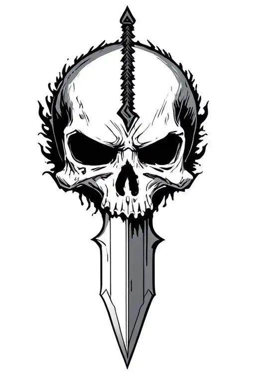 serrated blade, skull head, massacre, sejmitar, darkest dungeon tattoo design idea