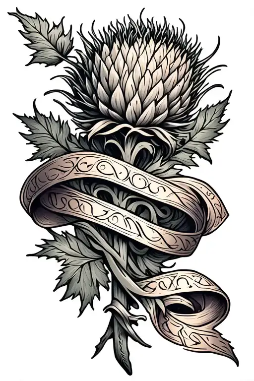 nordic runes, irish tribal symbols, scottish thistle with ribbon wrapped tattoo design idea