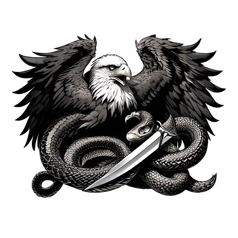 eagle attacking snake sword surrounded tattoo design idea