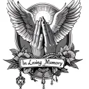 "In Loving Memory" Praying Hands, Rosary, Dove, Black and Gray tattoo design idea
