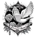 "In Loving Memory" Praying Hands, Rosary, Dove, Black and Gray tattoo design idea