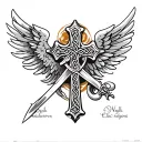 celtic cross and angel with wings and sword tattoo design idea