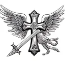 celtic cross and angel with wings and sword tattoo design idea