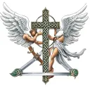 celtic cross and angel with wings and sword tattoo design idea