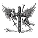 celtic cross and angel with wings and sword tattoo design idea