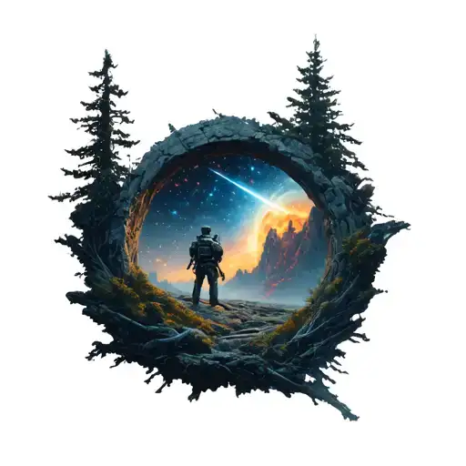 For a tattoo on the chest, a war scenario, in the middle of an intergalactic portal, going to a nature peace scene tattoo design idea