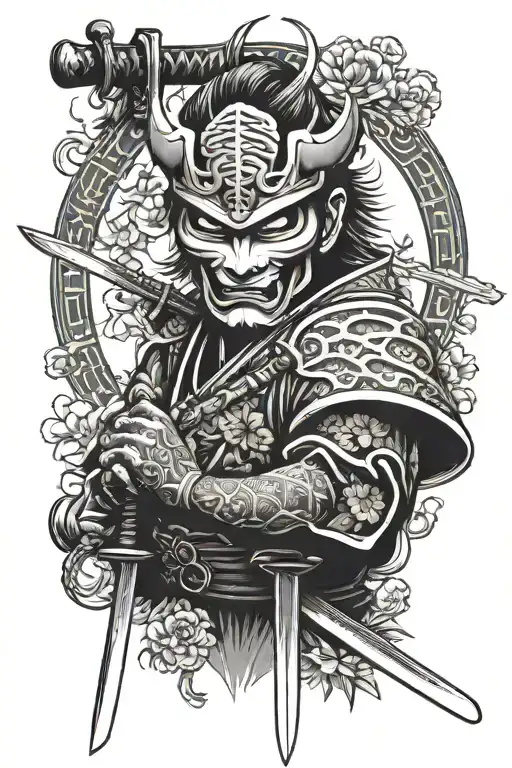 sword and samurai mask tattoo design idea
