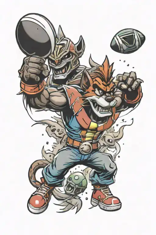Crash Bandicoot playing football with Power Rangers tattoo design idea