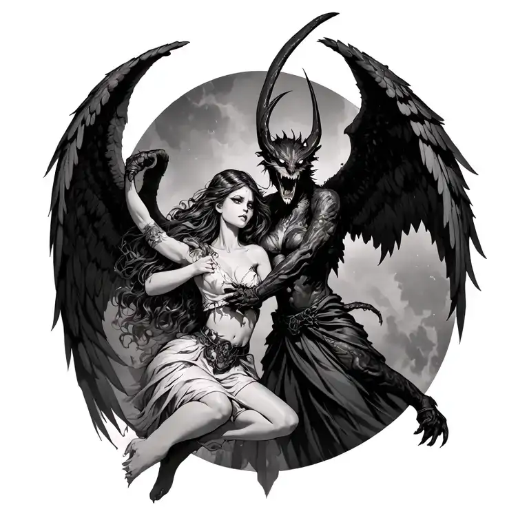 gothic angel fighting demon girl tattoo design idea