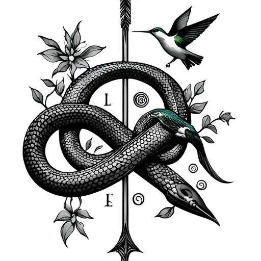 An infinite sign crossed in its length by an arrow of life, with a pretty snake and a hummingbird and four elements tattoo design idea