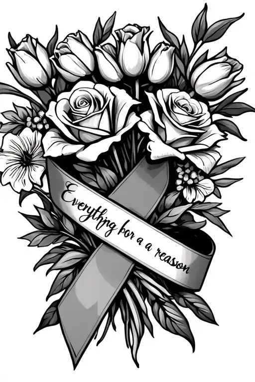 Lilly flowers, roses, tulips flower bouquet wrapped in breat cancer ribbon with wording everything happens for a reason tattoo design idea