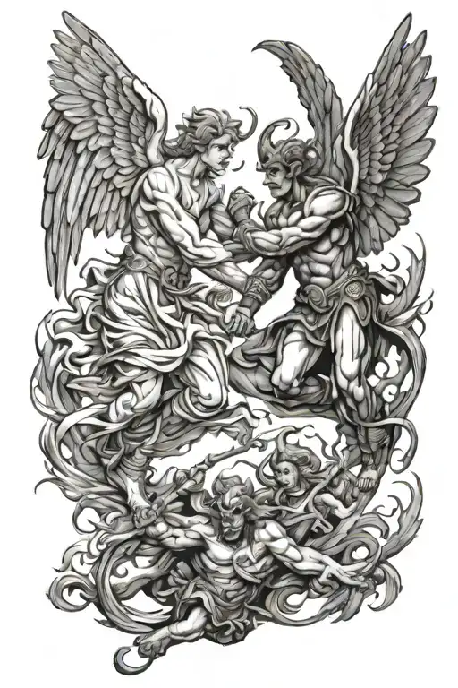 angels vs demon fight scene sleev tattoo design idea