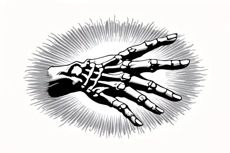 skeleton hand touching human hand reaching with sun in background  tattoo design idea