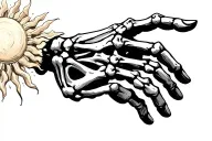 skeleton hand touching human hand reaching with sun in background  tattoo design idea
