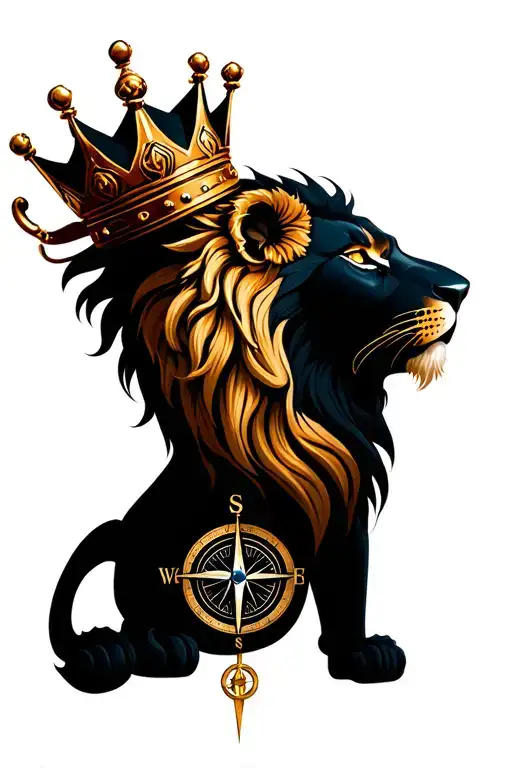 the front of a lion with a crown on its head and a compass under that tattoo design idea