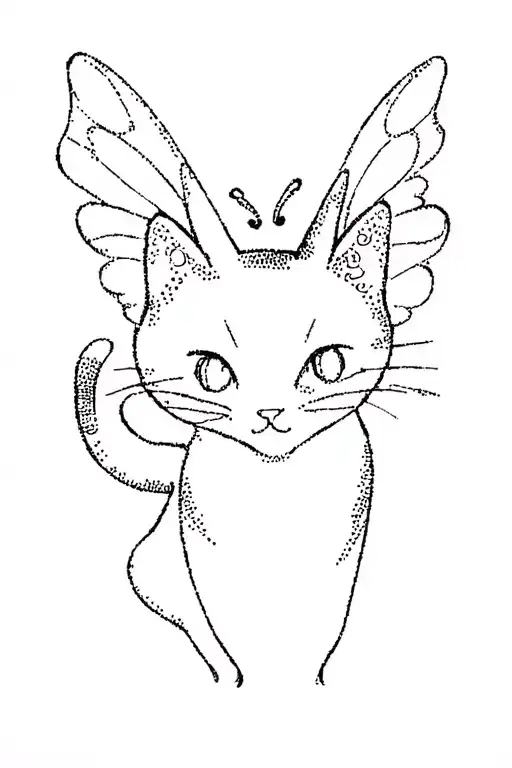 Cute cat silhouette with wings resembling a butterfly in dotwork style tattoo design idea