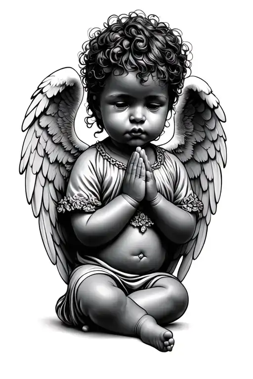 black baby angel praying with big wings tattoo design idea