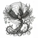 A phoenix rising from the Tree of Life, surrounded by Cassiopeia stars and the moon tattoo design idea