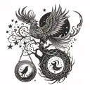 A phoenix rising from the Tree of Life, surrounded by Cassiopeia stars and the moon tattoo design idea