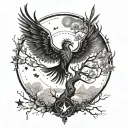 A phoenix rising from the Tree of Life, surrounded by Cassiopeia stars and the moon tattoo design idea