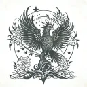 A phoenix rising from the Tree of Life, surrounded by Cassiopeia stars and the moon tattoo design idea