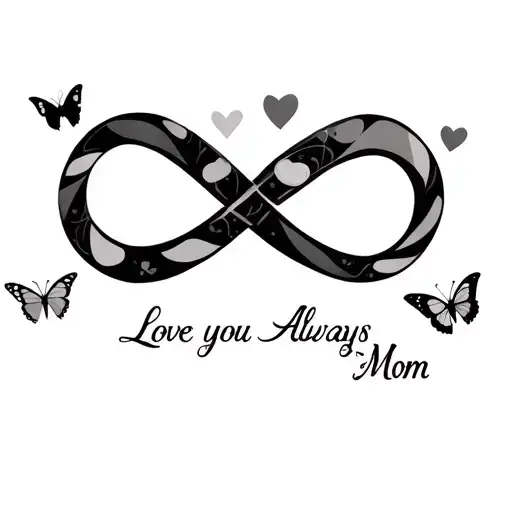 infinity symbol with 3 butterflies  and 5 hearts "Love you Always Mom" tattoo design idea
