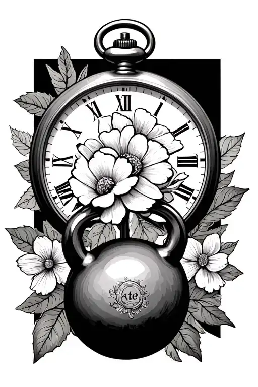 pocket watch, kettle bell, cross, ranunculus flower, cosmo flower tattoo design idea