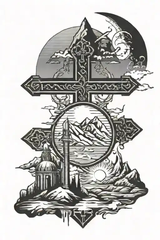 cross tatto with mountian and sun with roman 8:38-39 tattoo design idea