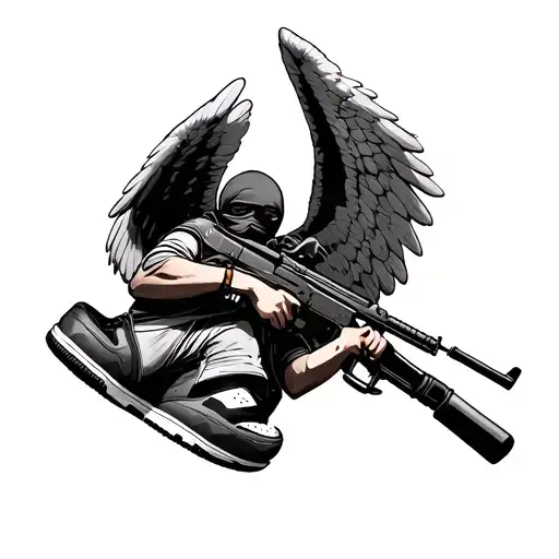 “I want an angel wearing Jordan 1 shoes, with a ski mask on its head, holding an RPG-7 on its shoulder/arm, flying in t tattoo design idea