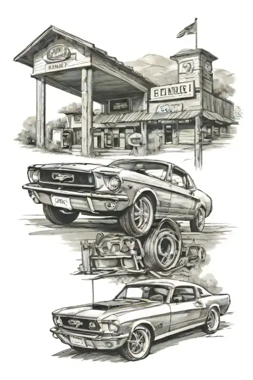 vintage ford mustang parked outside of a gas station. add rolling hill in the background. tattoo design idea