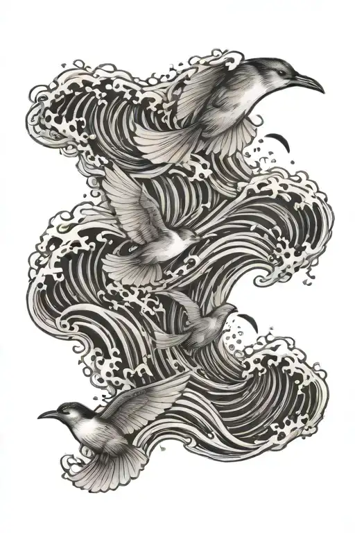 waves and birds flying away tattoo design idea