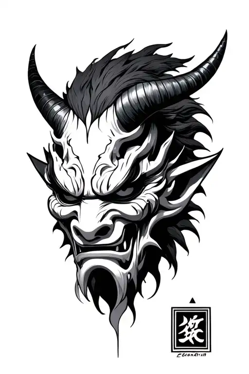 oni mask with broken horn tattoo design idea