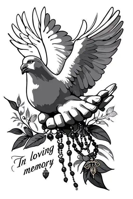 Dove, Praying Hands with a Rosary, "In loving memory" tattoo design idea