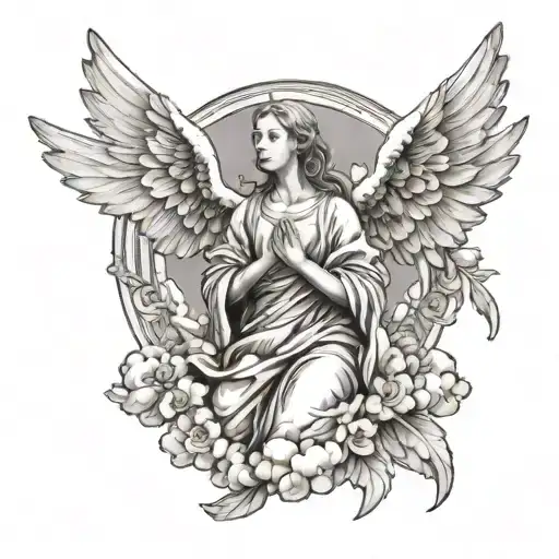 Angel with angel wings doing a prayer with flying white pigeons in the clouds tattoo design idea