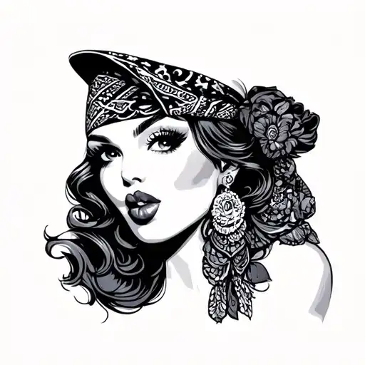 Latina pinup girl, with bandana on, blowing a kiss tattoo design idea