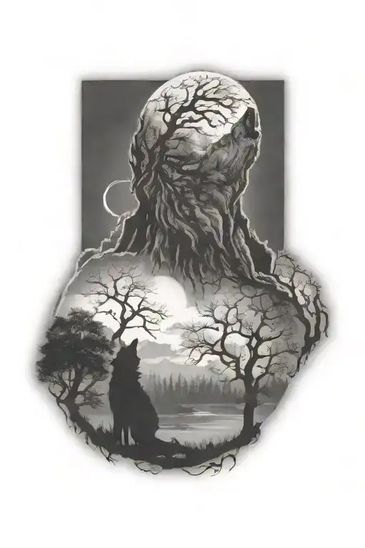wolf howling moon surrounded by trees  tattoo design idea