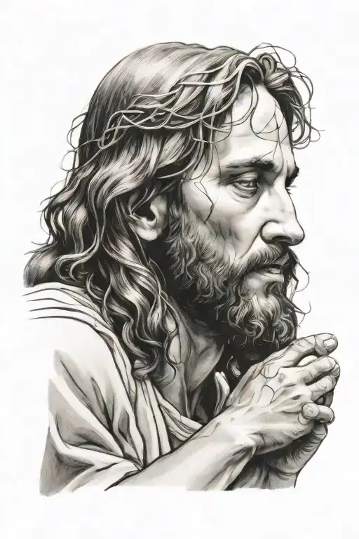 jesus face with praying hands reaching tattoo design idea