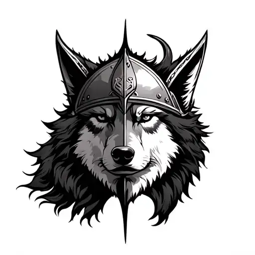 Viking × Wolf: Half a Viking face with a helmet and a wolf beside it, symbolizing strength and protection. tattoo design idea