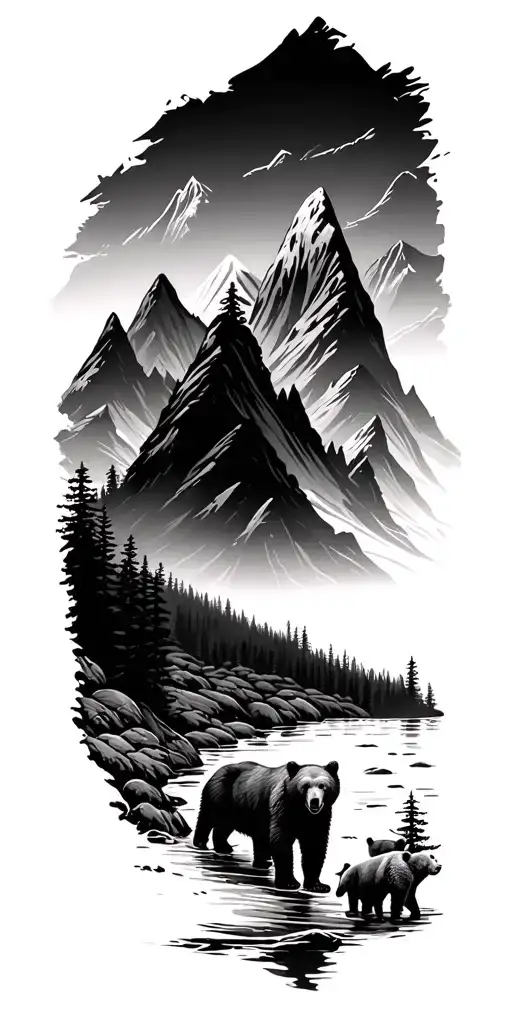 forest with river flowing and mountain range silhouette with a grizzly bear male, a sow and 2 cub walking through valley tattoo design idea