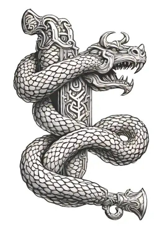 Thor fighting the world snake Jormungandr encircling Mjölnir tattoo design idea