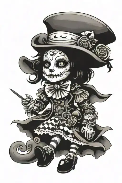 cut mad hatter voodoo doll tattoo design idea