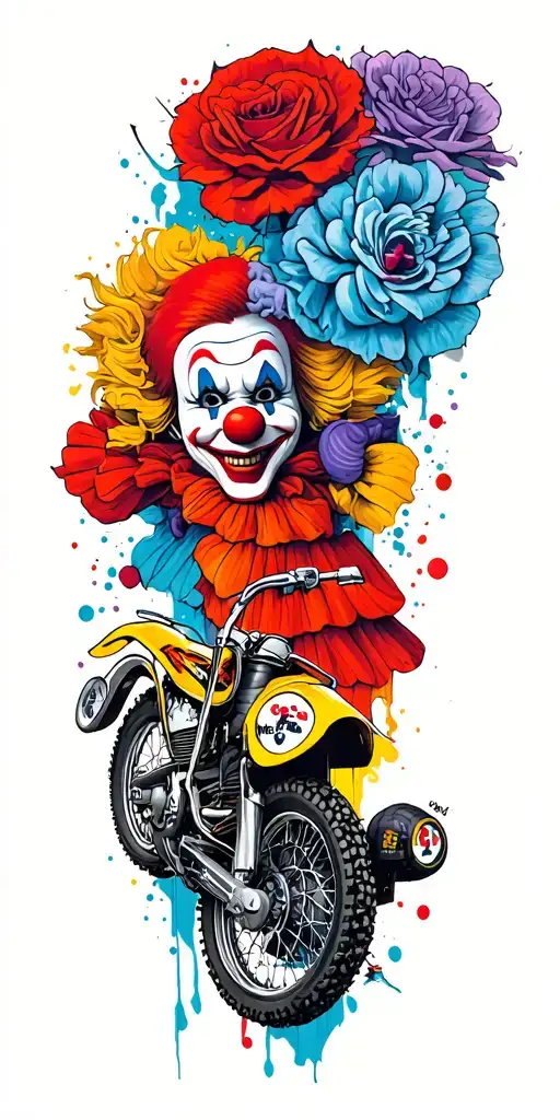 old school cars,dirt bikes, 90s hiphop, griffiti and clowns tattoo design idea