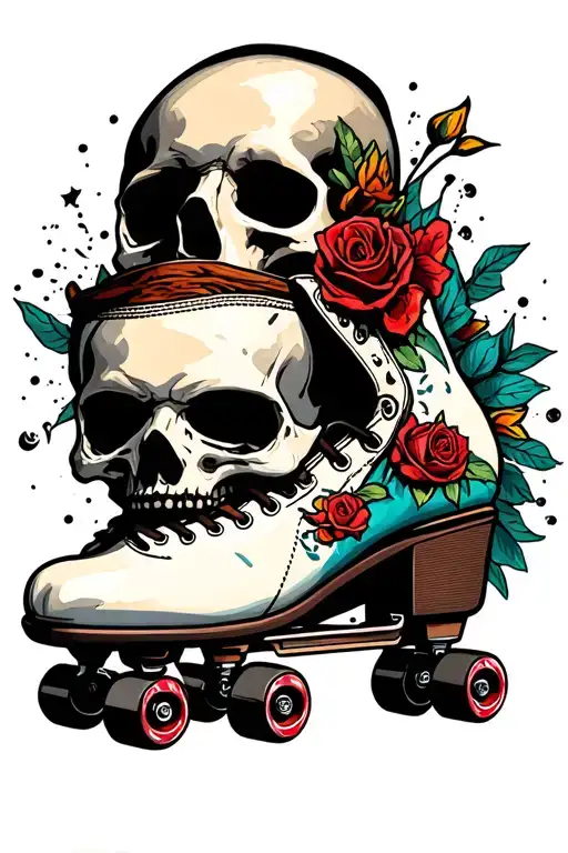 a roller skate coming out of a skull's skull surrounded tattoo design idea