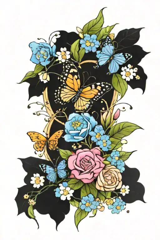 rainbow with butterflies and forget me nots surrounding tattoo design idea