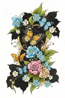 rainbow with butterflies and forget me nots surrounding tattoo design idea