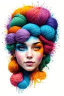 female face with yarn exploding out of head colorful tattoo design idea