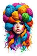 female face with yarn exploding out of head colorful tattoo design idea
