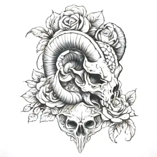 ram skull and flowers tattoo design idea