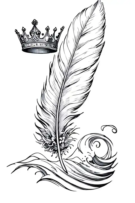 a feather a crown and a wave tattoo design idea